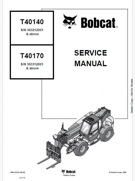 Bobcat T40170 Telescopic Handler Pdf Repair and Service Manual (Pb no. 4950145-EN)