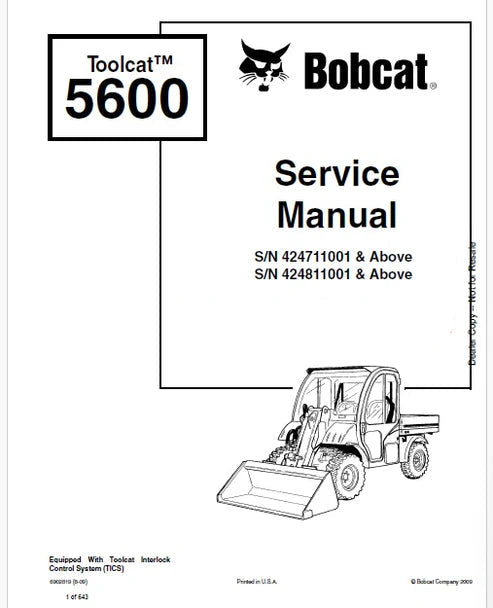Bobcat Toolcat 5600 Utility Work Machine Pdf Repair and Service Manual (Pb no. 6902819)