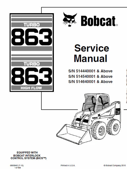 Bobcat Turbo 863, Turbo 863 High Flow Skid Steer Loader Pdf Repair and Service Manual