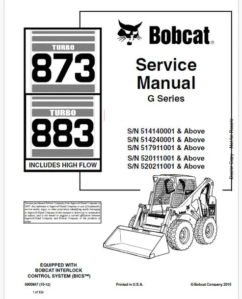 Bobcat Turbo 873, Turbo 883 High Flow Skid Steer Loader Pdf Repair and Service Manual