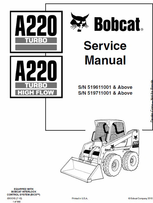 Bobcat Turbo A220, Turbo A220 High Flow Skid Steer Loader Pdf Repair and Service Manual