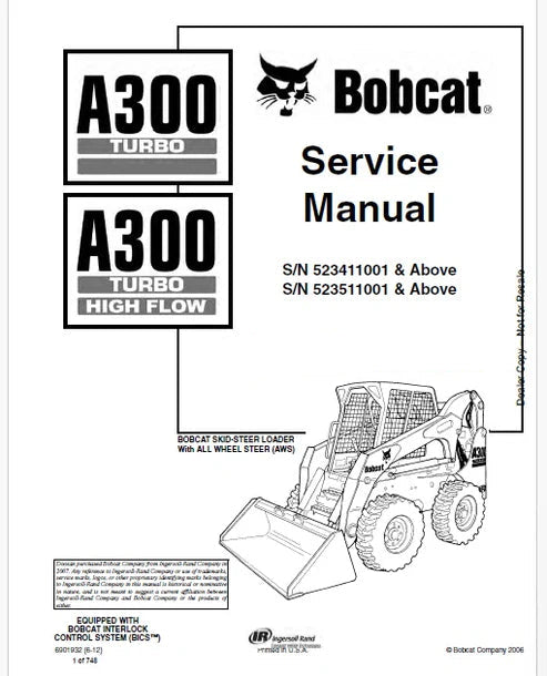 Bobcat Turbo A300, Turbo A300 High Flow Skid Steer Loader Pdf Repair and Service Manual