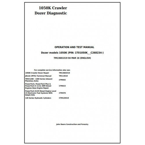 John Deere 1050K Crawler Dozer Pdf Diagnostic, Operation and Tests Service Manual TM13601X19