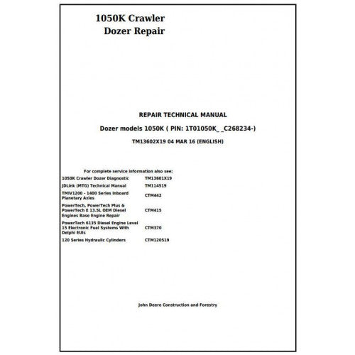John Deere 1050K Crawler Dozer Pdf Technical Repair Service Manual TM13602X19