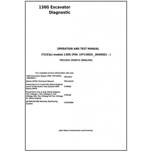 John Deere 130G Excavator Pdf Diagnostic, Operation and Tests Service Manual TM12554