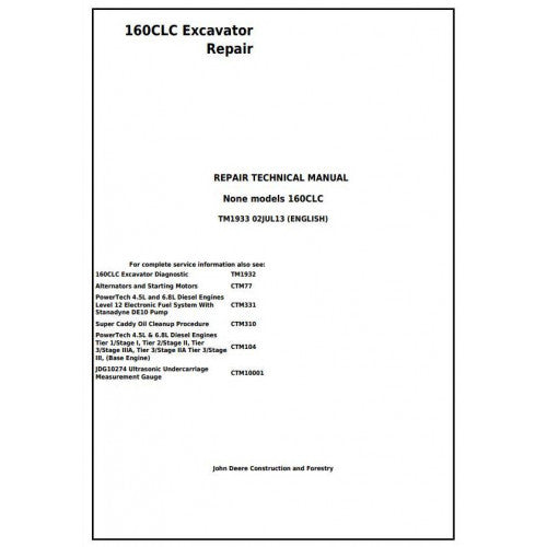 John Deere 160CLC Excavator Pdf Technical Repair Service Manual TM1933