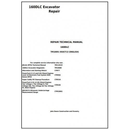 John Deere 160DLC Excavator Pdf Technical Repair Service Manual TM10091