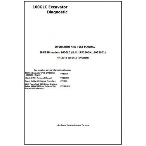 John Deere 160GLC Excavator Pdf Diagnostic, Operation and Tests Service Manual TM12342