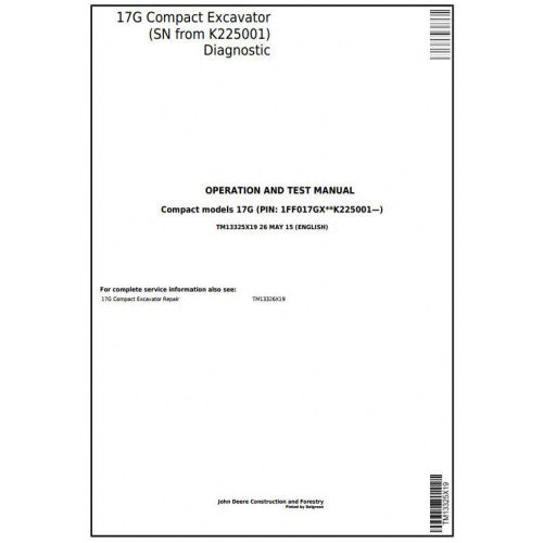 John Deere 17G Compact Excavator Pdf Diagnostic, Operation and Tests Service Manual TM13325X19