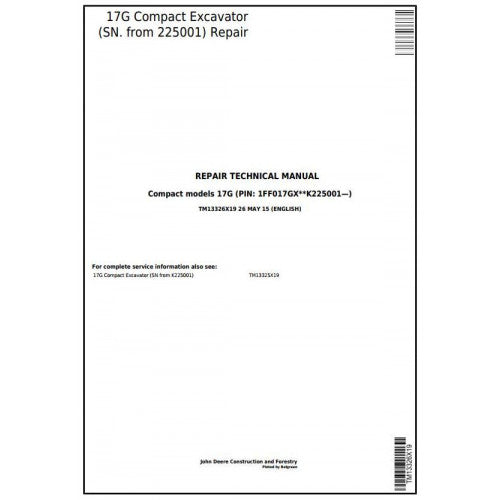 John Deere 17G Compact Excavator Pdf Technical Repair Service Manual TM13326X19