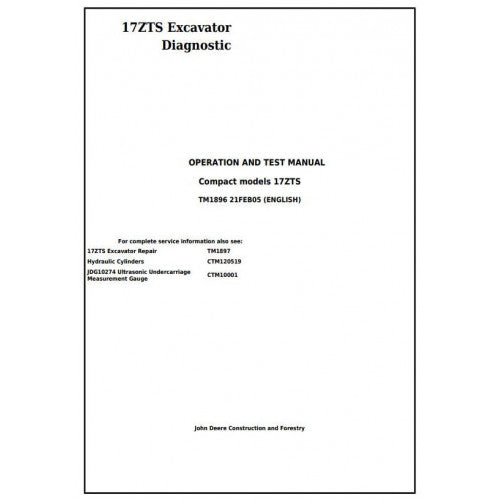 John Deere 17ZTS Compact Excavator Pdf Diagnostic, Operation and Tests Service Manual TM1896