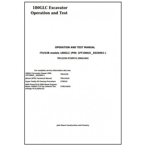 John Deere 180GLC Excavator Pdf Diagnostic, Operation and Tests Service Manual TM12336