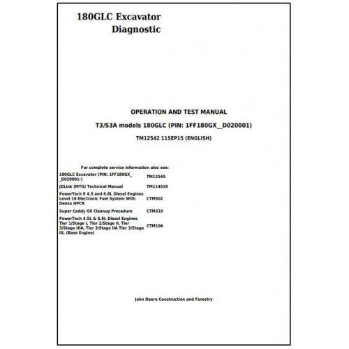 John Deere 180GLC Excavator Pdf Diagnostic, Operation and Tests Service Manual TM12542