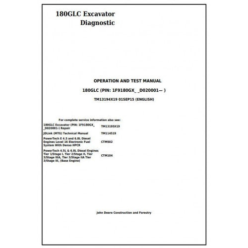 John Deere 180GLC Excavator Pdf Diagnostic, Operation and Tests Service Manual TM13194X19