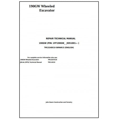 John Deere 190GW Wheeled Excavator Pdf Technical Repair Service Manual TM13248X19