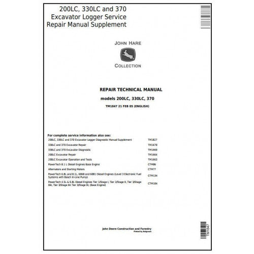 John Deere 200LC, 330LC and 370 Excavator Logger Pdf Technical Repair Service Manual TM1847