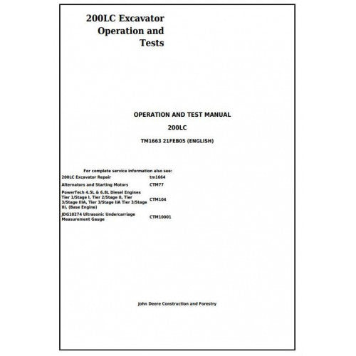 John Deere 200LC Excavator Pdf Diagnostic, Operation and Tests Service Manual TM1663