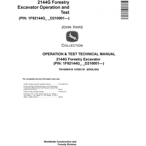 John Deere 2144G Forestry Excavator Pdf Diagnostic, Operation and Technical Repair Manual TM14269X19