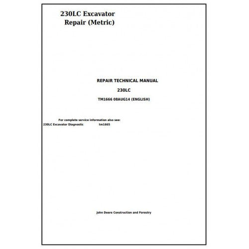 John Deere 230LC Excavator Pdf Technical Repair Service Manual TM1666