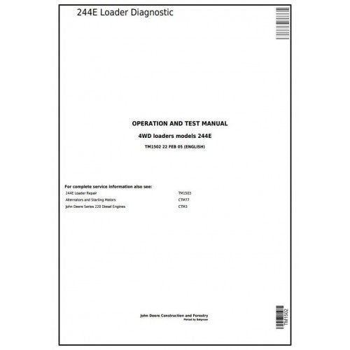 John Deere 244E 4WD Loader Pdf Diagnostic, Operation and Tests Service Manual TM1502