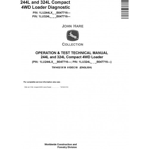 John Deere 244L and 324L Compact 4WD Loader Pdf Diagnostic, Operation and Tests Service Manual TM14321X19