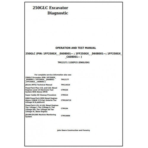John Deere 250GLC Excavator Pdf Diagnostic, Operation and Tests Service Manual TM12171