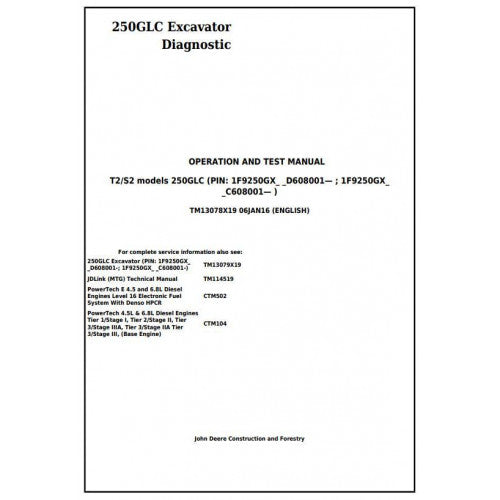 John Deere 250GLC Excavator Pdf Diagnostic, Operation and Tests Service Manual TM13078X19