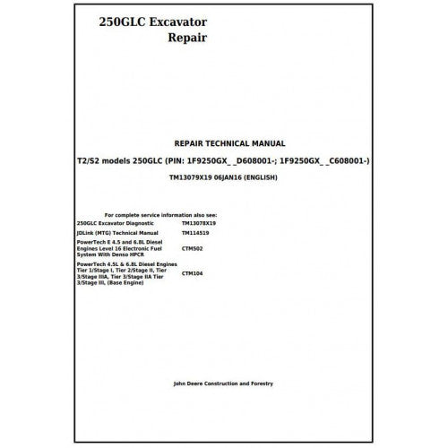 John Deere 250GLC Excavator Pdf Technical Repair Service Manual TM13079X19