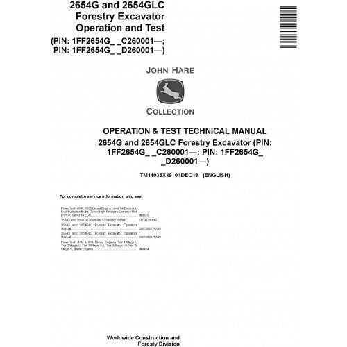 John Deere 2654G, 2654GLC Forestry Excavator Pdf Diagnostic, Operation and Technical Repair Manual TM14035X19