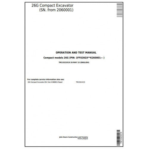 John Deere 26G Compact Excavator Pdf Diagnostic, Operation and Tests Service Manual TM13323X19