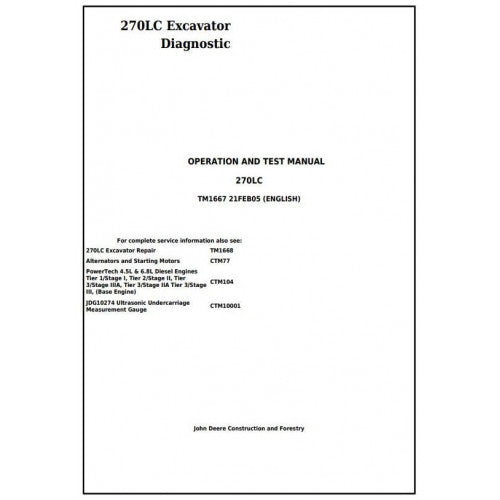 John Deere 270LC Excavator Pdf Diagnostic, Operation and Tests Service Manual TM1667