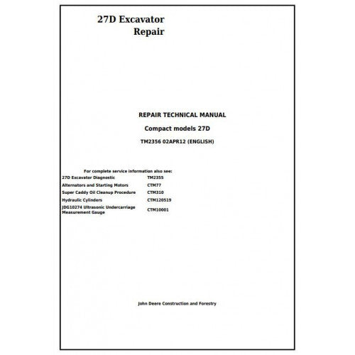 John Deere 27D Compact Excavator Pdf Technical Repair Service Manual TM2356