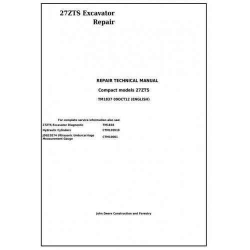 John Deere 27ZTS Compact Excavator Pdf Technical Repair Service Manual TM1837