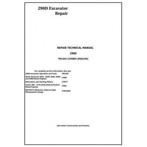 John Deere 290D Excavator Pdf Technical Repair Service Manual TM1443