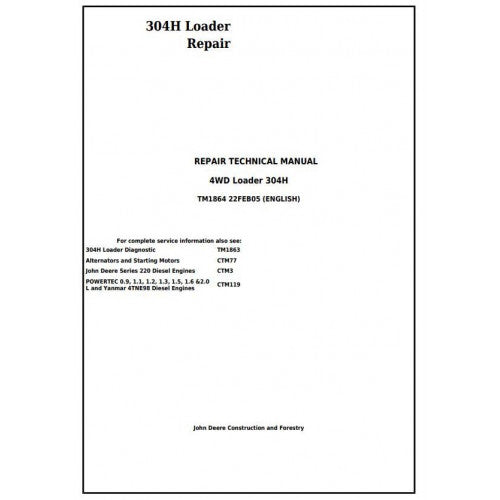 John Deere 304H 4WD Loader Pdf Technical Repair Service Manual TM1864