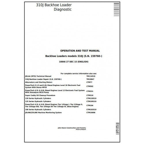 John Deere 310J Backhoe Loader Pdf Diagnostic, Operation and Tests Service Manual TM10846