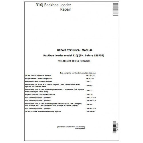 John Deere 310J Backhoe Loader Pdf Technical Repair Service Manual TM10145