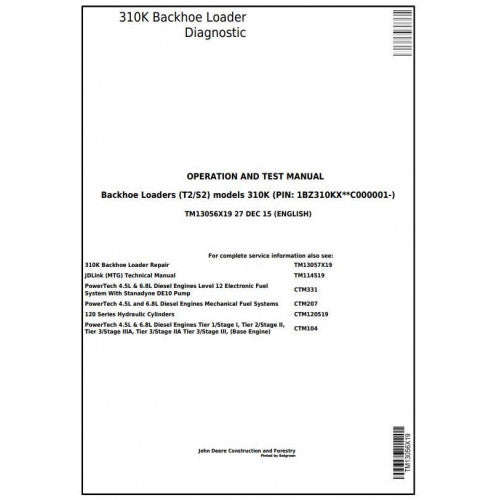 John Deere 310K Backhoe Loader Pdf Diagnostic, Operation and Tests Service Manual TM13056X19