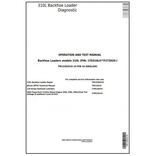 John Deere 310L Backhoe Loader Pdf Diagnostic, Operation and Tests Service Manual TM13293X19