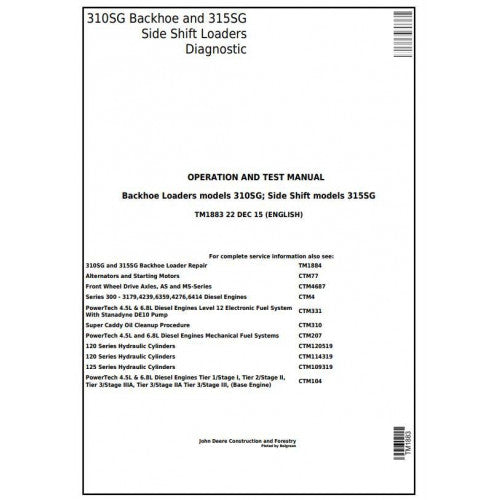 John Deere 310SG Backhoe, 315SG Side Shift Loaders Pdf Diagnostic, Operation and Tests Service Manual TM1883