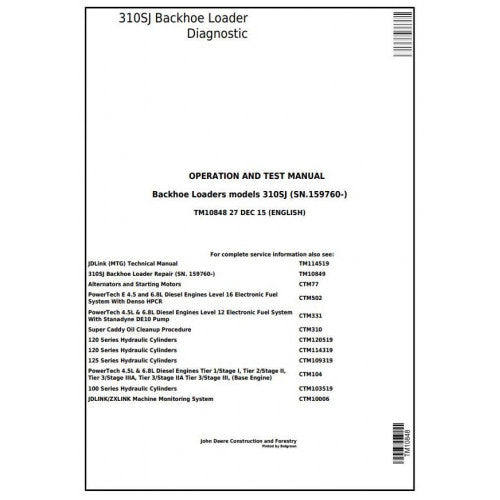 John Deere 310SJ Backhoe Loader Pdf Diagnostic, Operation and Tests Service Manual TM10848