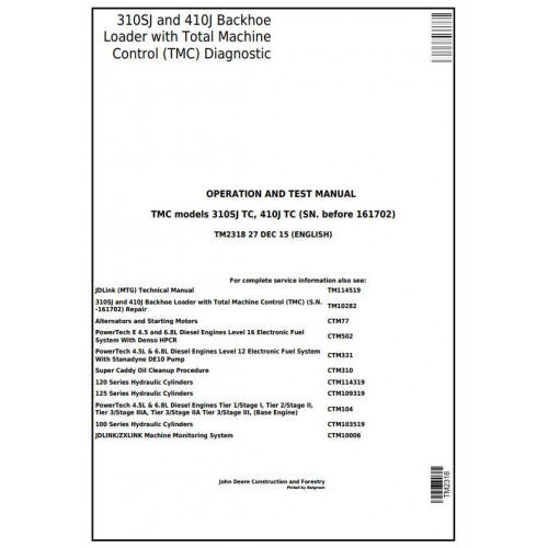 John Deere 310SJ TC, 410J TC Backhoe Loader Pdf Diagnostic, Operation and Tests Service Manual TM2318