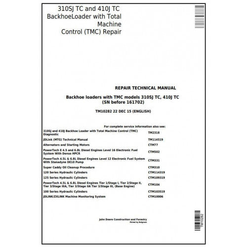 John Deere 310SJ TC, 410J TC Backhoe Loader Pdf Technical Repair Service Manual TM10282