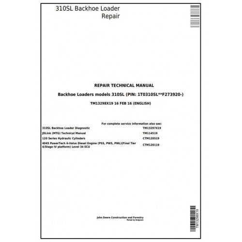 John Deere 310SL Backhoe Loader Pdf Technical Repair Service Manual TM13298X19