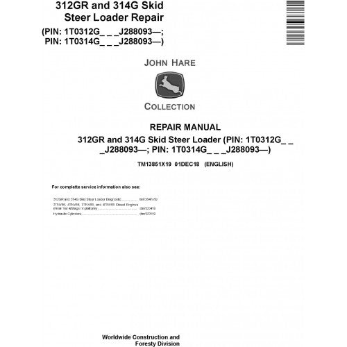 John Deere 312GR and 314G Skid Steer Loader Pdf Technical Repair Service Manual TM13851X19