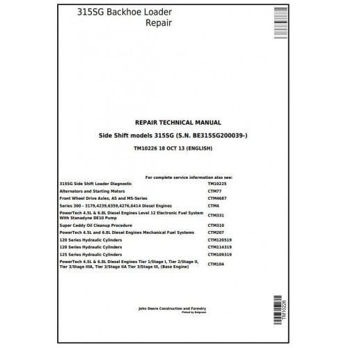 John Deere 315SG Side Shift Loader Pdf Technical Repair Service Manual TM10226
