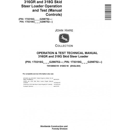 John Deere 316GR and 318G Skid Steer Loader Pdf Diagnostic, Operation and Tests Service Manual TM13856X19