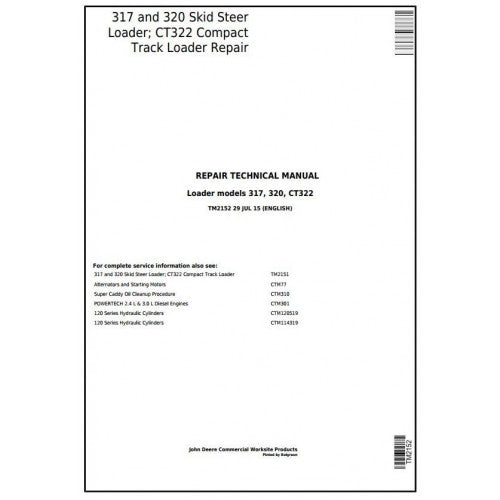 John Deere 317 and 320 Skid Steer Loader; CT322 Compact Track Loader Pdf Technical Repair Service Manual TM2152