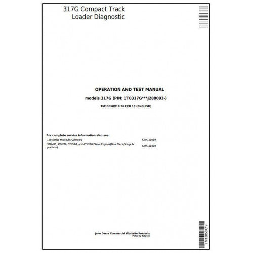 John Deere 317G Compact Track Loader Pdf Diagnostic, Operation and Tests Service Manual TM13850X19