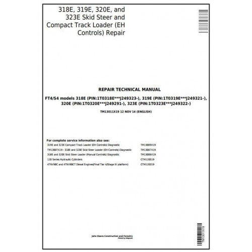 John Deere 318E, 319E, 320E, 323E Skid Steer & Compact Track Loaders Pdf Technical Repair Service Manual TM13011X19